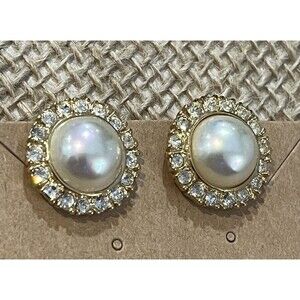 Roman VTG Simulated Pearl Rhinestone Gold Tone Clip On Earrings Regency 1950s